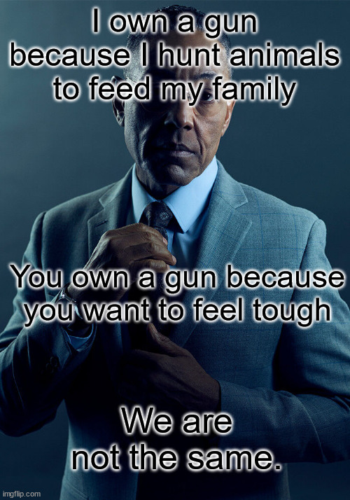 Gus Fring we are not the same | I own a gun because I hunt animals to feed my family; You own a gun because you want to feel tough; We are not the same. | image tagged in gus fring we are not the same | made w/ Imgflip meme maker