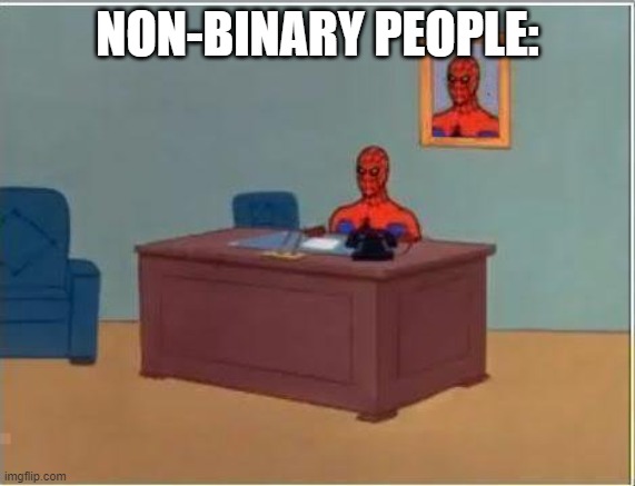 Spiderman Computer Desk Meme | NON-BINARY PEOPLE: | image tagged in memes,spiderman computer desk,spiderman | made w/ Imgflip meme maker