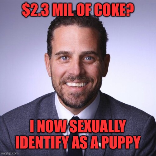 Hunter Biden | $2.3 MIL OF COKE? I NOW SEXUALLY IDENTIFY AS A PUPPY | image tagged in hunter biden | made w/ Imgflip meme maker
