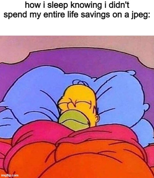 Homer Simpson sleeping peacefully | how i sleep knowing i didn't spend my entire life savings on a jpeg: | image tagged in homer simpson sleeping peacefully | made w/ Imgflip meme maker