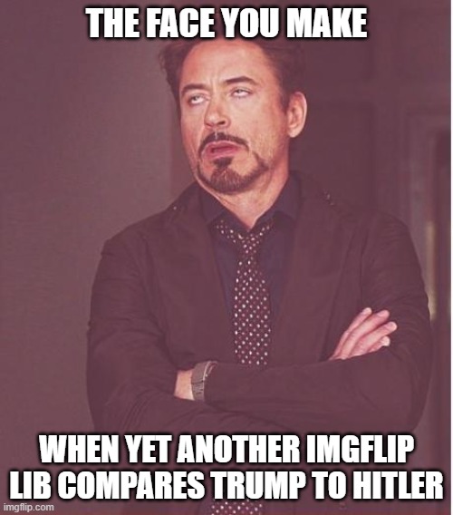 OMG, still deranged? |  THE FACE YOU MAKE; WHEN YET ANOTHER IMGFLIP LIB COMPARES TRUMP TO HITLER | image tagged in face you make robert downey jr,liberals,democrats,dimwits,woke,trump | made w/ Imgflip meme maker