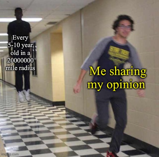 What the heck man | Every 5-10 year old in a 20000000 mile radius; Me sharing my opinion | image tagged in floating boy chasing running boy | made w/ Imgflip meme maker