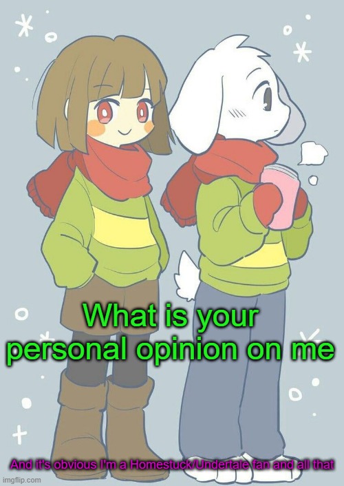 Be as honest as you can | What is your personal opinion on me; And it's obvious I'm a Homestuck/Undertale fan and all that | image tagged in asriel winter temp | made w/ Imgflip meme maker