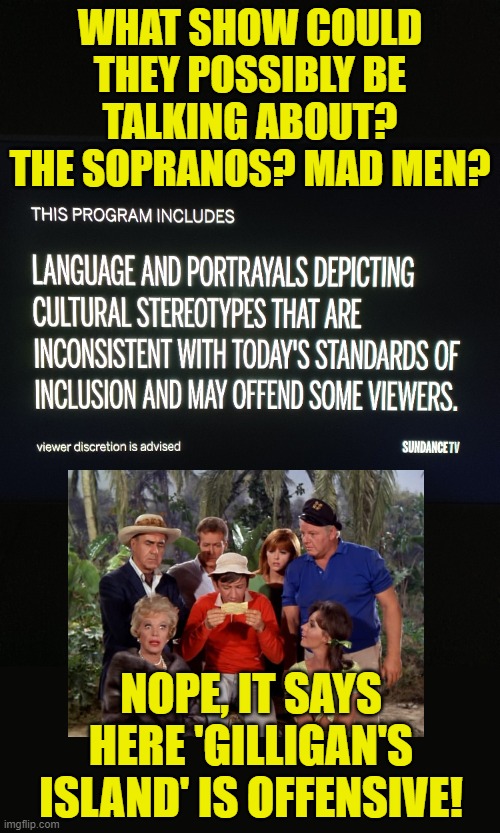 Well, it WAS one of the episodes the featured the so-called "head-hunters". | WHAT SHOW COULD THEY POSSIBLY BE TALKING ABOUT? THE SOPRANOS? MAD MEN? NOPE, IT SAYS HERE 'GILLIGAN'S ISLAND' IS OFFENSIVE! | image tagged in woke,gilligan's island | made w/ Imgflip meme maker