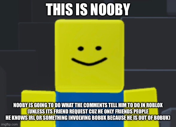 THIS IS NOOBY; NOOBY IS GOING TO DO WHAT THE COMMENTS TELL HIM TO DO IN ROBLOX
(UNLESS ITS FRIEND REQUEST CUZ HE ONLY FRIENDS PEOPLE HE KNOWS IRL OR SOMETHING INVOLVING BOBUX BECAUSE HE IS OUT OF BOBUK) | made w/ Imgflip meme maker