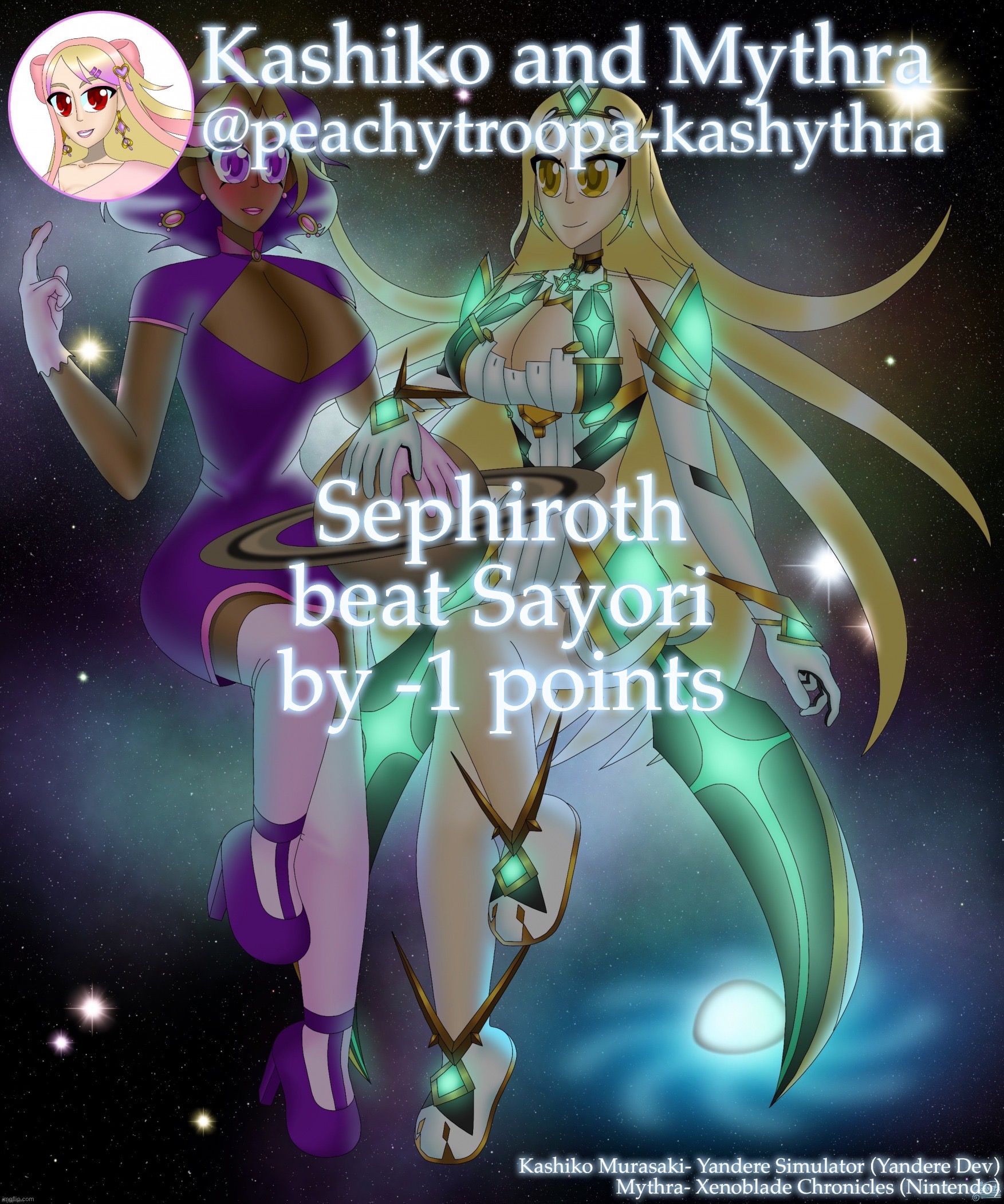 Part 2 | Sephiroth beat Sayori by -1 points | image tagged in kashiko murasaki and mythra | made w/ Imgflip meme maker