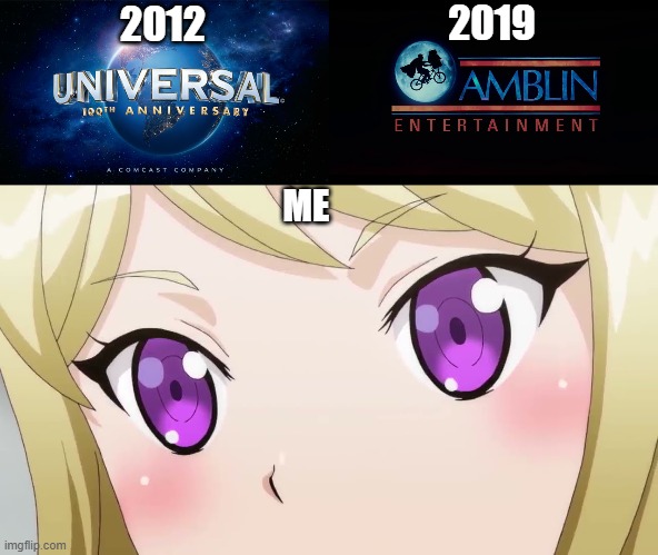 2012 Or 2019? | 2019; 2012; ME | image tagged in universal studios,anime,anime girl | made w/ Imgflip meme maker