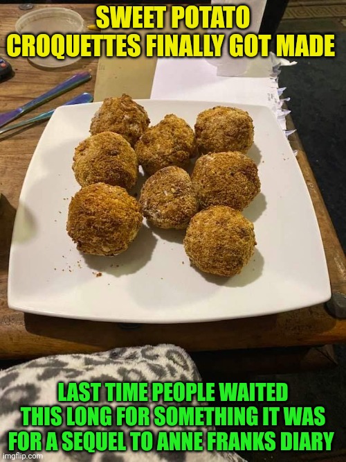 SWEET POTATO CROQUETTES FINALLY GOT MADE; LAST TIME PEOPLE WAITED THIS LONG FOR SOMETHING IT WAS FOR A SEQUEL TO ANNE FRANKS DIARY | image tagged in alderaan | made w/ Imgflip meme maker