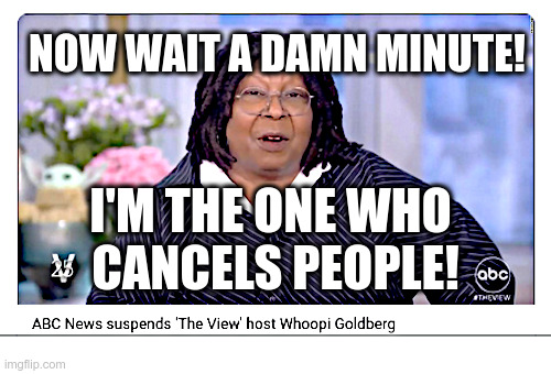 ABC News suspends 'The View' host Whoopi Goldberg﻿! | NOW WAIT A DAMN MINUTE! I'M THE ONE WHO 
CANCELS PEOPLE! | image tagged in whoopi goldberg,the view,abc,cancel culture | made w/ Imgflip meme maker