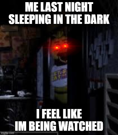 Thats what i actually feel last night | ME LAST NIGHT SLEEPING IN THE DARK; I FEEL LIKE IM BEING WATCHED | image tagged in chica looking in window fnaf | made w/ Imgflip meme maker