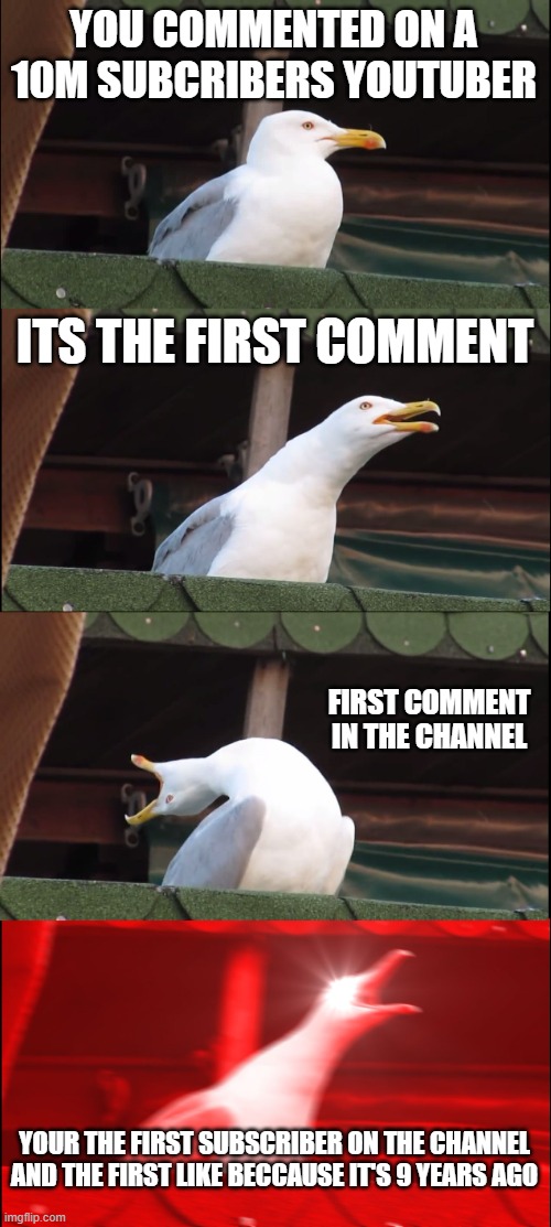 First | YOU COMMENTED ON A 10M SUBCRIBERS YOUTUBER; ITS THE FIRST COMMENT; FIRST COMMENT IN THE CHANNEL; YOUR THE FIRST SUBSCRIBER ON THE CHANNEL AND THE FIRST LIKE BECCAUSE IT'S 9 YEARS AGO | image tagged in memes,inhaling seagull | made w/ Imgflip meme maker