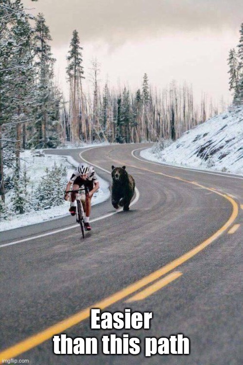 bear chasing cyclist | Easier than this path | image tagged in bear chasing cyclist | made w/ Imgflip meme maker