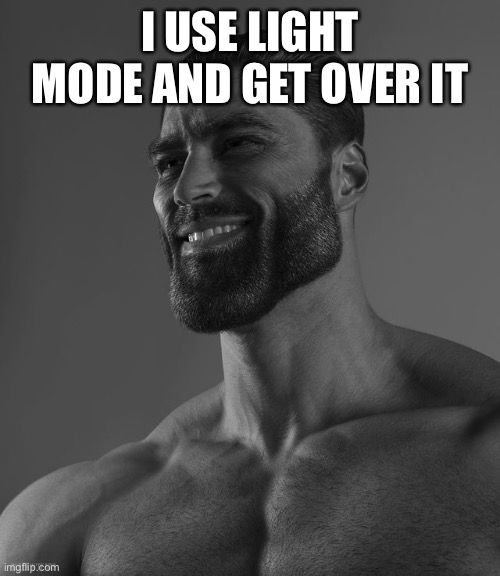 Giga Chad | I USE LIGHT MODE AND GET OVER IT | image tagged in giga chad | made w/ Imgflip meme maker