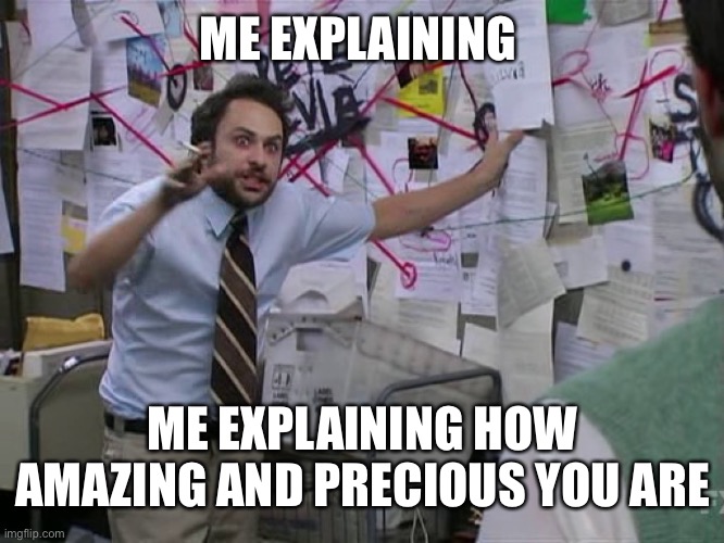 *much talk* | ME EXPLAINING; ME EXPLAINING HOW AMAZING AND PRECIOUS YOU ARE | image tagged in charlie conspiracy always sunny in philidelphia,wholesome | made w/ Imgflip meme maker