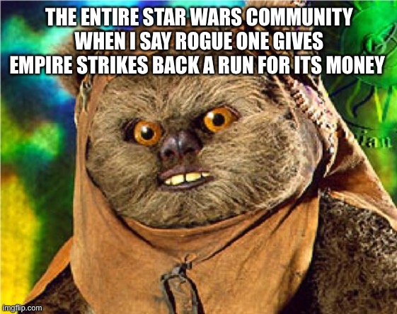 Empire is still really good | THE ENTIRE STAR WARS COMMUNITY WHEN I SAY ROGUE ONE GIVES EMPIRE STRIKES BACK A RUN FOR ITS MONEY | image tagged in angry ewok | made w/ Imgflip meme maker