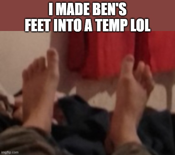 see, told ya. i'm the king of retards (except for you know who) | I MADE BEN'S FEET INTO A TEMP LOL | image tagged in benjamin/nocturnum's feet | made w/ Imgflip meme maker