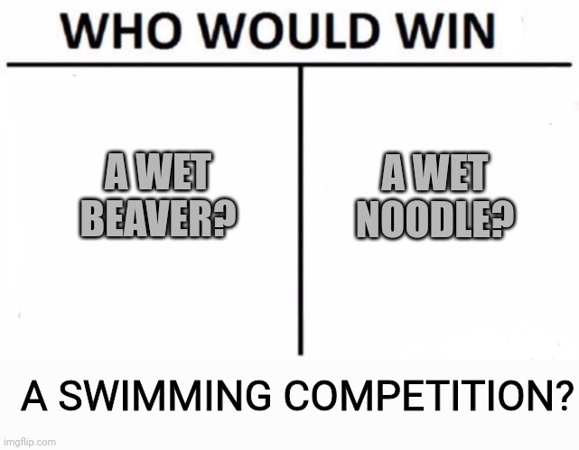 Who Would Win? Meme | A WET BEAVER? A WET NOODLE? A SWIMMING COMPETITION? | image tagged in memes,who would win | made w/ Imgflip meme maker
