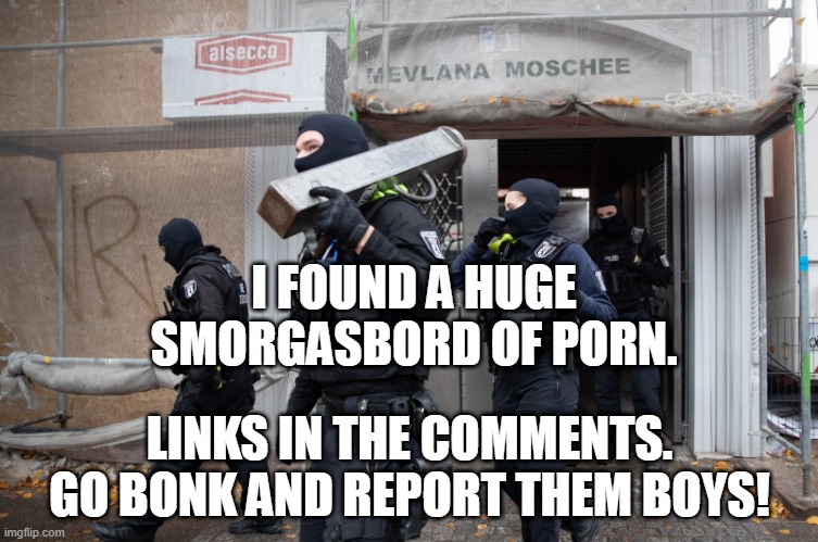 for anyone asking where EAM dissaprovals are, for some reason there isnt any porn other than old inactive jeffrey accs | I FOUND A HUGE SMORGASBORD OF PORN. LINKS IN THE COMMENTS. GO BONK AND REPORT THEM BOYS! | image tagged in police raid | made w/ Imgflip meme maker