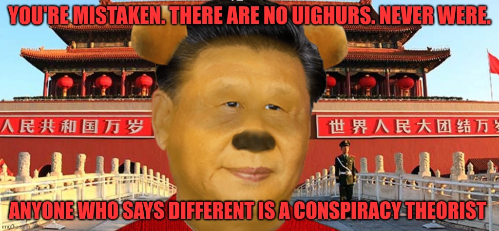 YOU'RE MISTAKEN. THERE ARE NO UIGHURS. NEVER WERE. ANYONE WHO SAYS DIFFERENT IS A CONSPIRACY THEORIST | made w/ Imgflip meme maker