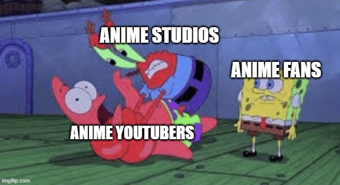 Mr. Krabs Choking Patrick | ANIME STUDIOS; ANIME FANS; ANIME YOUTUBERS | image tagged in mr krabs choking patrick | made w/ Imgflip meme maker