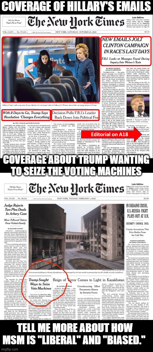 All these years, and they're STILL covering his ass | COVERAGE OF HILLARY'S EMAILS; COVERAGE ABOUT TRUMP WANTING TO SEIZE THE VOTING MACHINES; TELL ME MORE ABOUT HOW MSM IS "LIBERAL" AND "BIASED." | image tagged in new york times | made w/ Imgflip meme maker