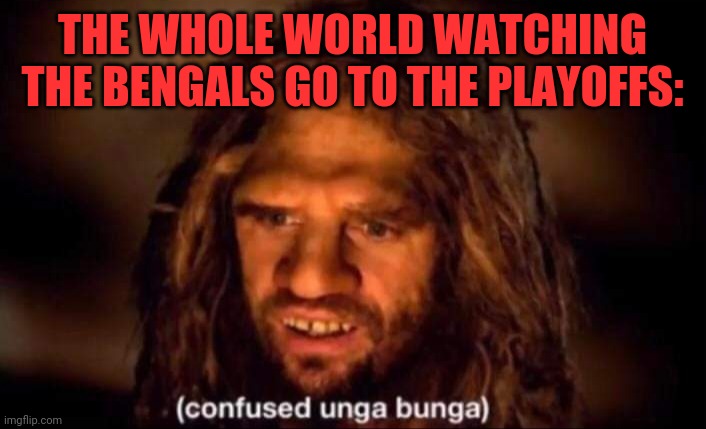 Bengals |  THE WHOLE WORLD WATCHING THE BENGALS GO TO THE PLAYOFFS: | image tagged in confused unga bunga,nfl,super bowl | made w/ Imgflip meme maker