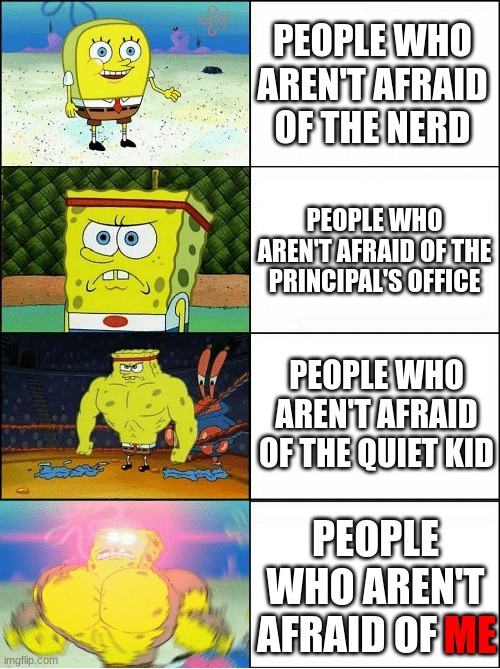 People who aren't afraid: Schools (Yes really you read the last text right.) | PEOPLE WHO AREN'T AFRAID OF THE NERD; PEOPLE WHO AREN'T AFRAID OF THE PRINCIPAL'S OFFICE; PEOPLE WHO AREN'T AFRAID OF THE QUIET KID; PEOPLE WHO AREN'T AFRAID OF; ME | image tagged in sponge finna commit muder,school,people who aren't afraid | made w/ Imgflip meme maker