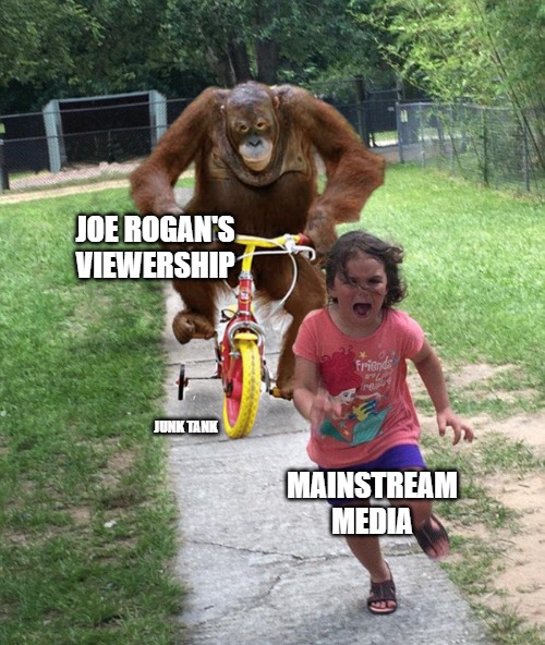 Joe Rogan's ratings |  JOE ROGAN'S VIEWERSHIP; MAINSTREAM MEDIA; JUNK TANK | image tagged in orangutan chasing girl on a tricycle,joe rogan,msm,news | made w/ Imgflip meme maker