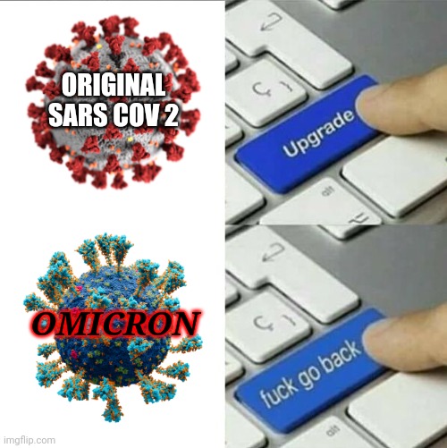 omicron!!!! | ORIGINAL SARS COV 2; OMICRON | image tagged in upgrade go back,coronavirus,covid-19,sars,omicron,memes | made w/ Imgflip meme maker