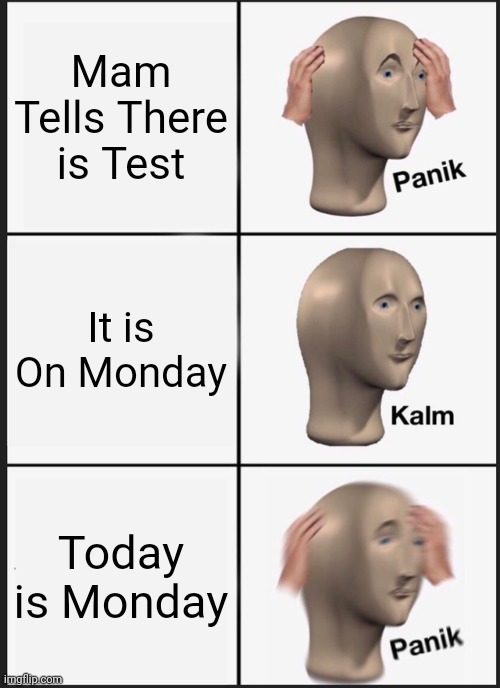 When mam tells there is test | Mam Tells There is Test; It is On Monday; Today is Monday | image tagged in memes,panik kalm panik | made w/ Imgflip meme maker