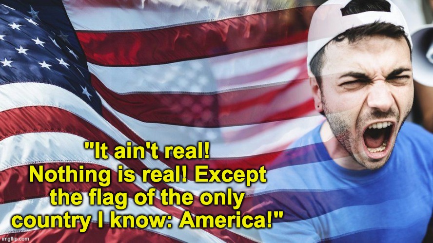 "It ain't real! Nothing is real! Except the flag of the only country I know: America!" | made w/ Imgflip meme maker