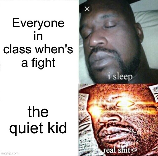 The Quiet Kid | Everyone in class when's a fight; the quiet kid | image tagged in memes,sleeping shaq | made w/ Imgflip meme maker