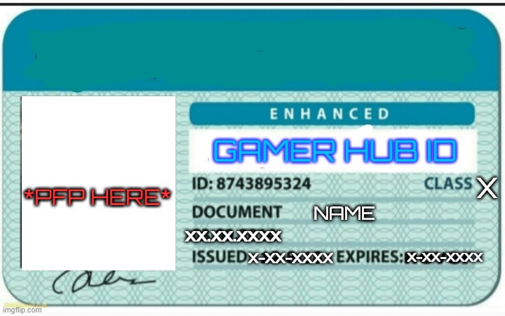ID Example! if you sign this (https://forms.gle/9252A5QnzAwNzR8e8) The ID is Yours! | X; NAME; xx.xx.xxxx; X-XX-XXXX; X-XX-XXXX | image tagged in gamer hub id | made w/ Imgflip meme maker