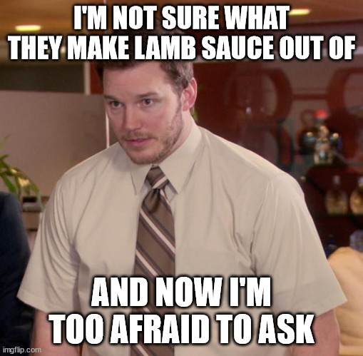 Afraid To Ask Andy Meme | I'M NOT SURE WHAT THEY MAKE LAMB SAUCE OUT OF AND NOW I'M TOO AFRAID TO ASK | image tagged in memes,afraid to ask andy | made w/ Imgflip meme maker