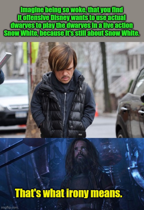 Peter Dinklage getting in on that "woke" vibe | Imagine being so woke, that you find it offensive Disney wants to use actual dwarves to play the dwarves in a live action Snow White, because it's still about Snow White. That's what irony means. | image tagged in emo peter dinklage,that's what means | made w/ Imgflip meme maker