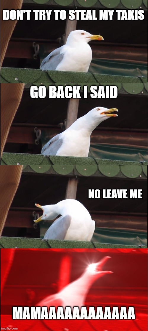 Inhaling Seagull Meme | DON'T TRY TO STEAL MY TAKIS; GO BACK I SAID; NO LEAVE ME; MAMAAAAAAAAAAAA | image tagged in memes,inhaling seagull | made w/ Imgflip meme maker