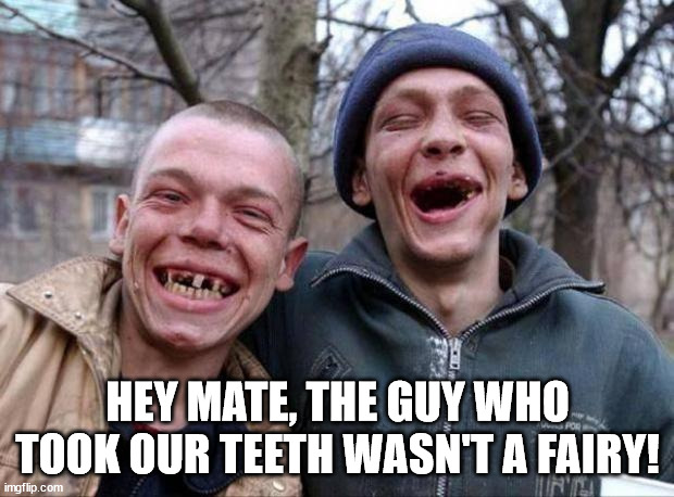 No teeth | HEY MATE, THE GUY WHO TOOK OUR TEETH WASN'T A FAIRY! | image tagged in no teeth | made w/ Imgflip meme maker