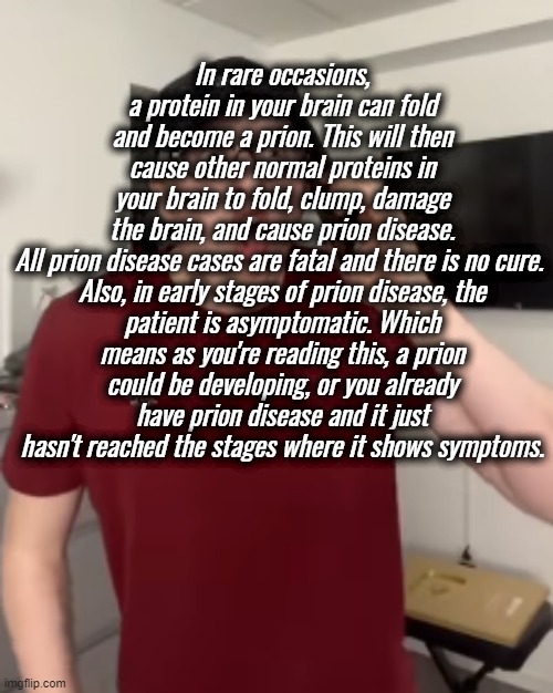 death can be slowed down using medicine but thats about it | In rare occasions, a protein in your brain can fold and become a prion. This will then cause other normal proteins in your brain to fold, clump, damage the brain, and cause prion disease. All prion disease cases are fatal and there is no cure. 

Also, in early stages of prion disease, the patient is asymptomatic. Which means as you're reading this, a prion could be developing, or you already have prion disease and it just hasn't reached the stages where it shows symptoms. | image tagged in the luke davidson surprised face | made w/ Imgflip meme maker