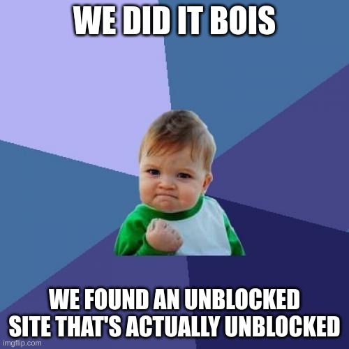 Success Kid Meme | WE DID IT BOIS; WE FOUND AN UNBLOCKED SITE THAT'S ACTUALLY UNBLOCKED | image tagged in memes,success kid | made w/ Imgflip meme maker