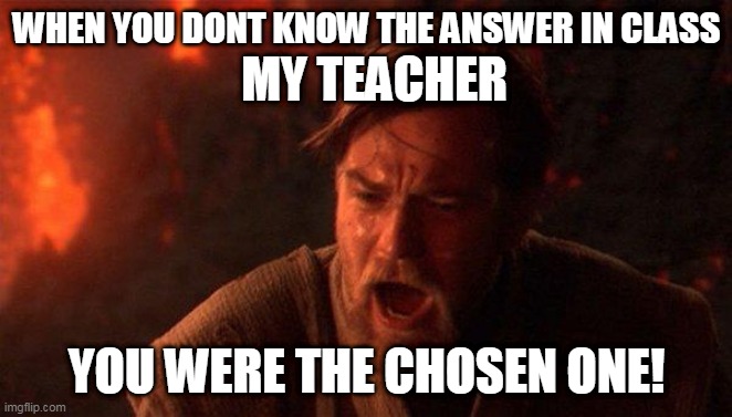 Chosen One Meme | WHEN YOU DONT KNOW THE ANSWER IN CLASS; MY TEACHER; YOU WERE THE CHOSEN ONE! | image tagged in memes,you were the chosen one star wars | made w/ Imgflip meme maker