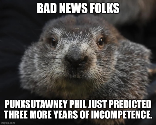 BAD NEWS FOLKS; PUNXSUTAWNEY PHIL JUST PREDICTED THREE MORE YEARS OF INCOMPETENCE. | image tagged in joe biden | made w/ Imgflip meme maker