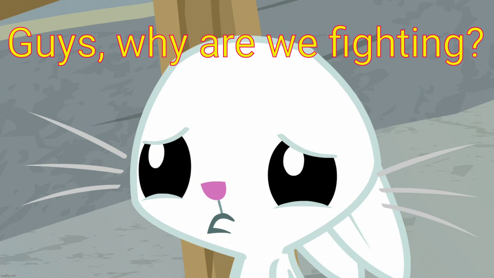 Sad Angel Bunny (MLP) | Guys, why are we fighting? | image tagged in sad angel bunny mlp | made w/ Imgflip meme maker