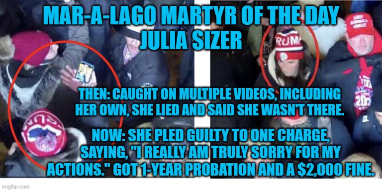 She blames Trump.  Does she still get a Pardon? | MAR-A-LAGO MARTYR OF THE DAY
JULIA SIZER; THEN: CAUGHT ON MULTIPLE VIDEOS, INCLUDING HER OWN, SHE LIED AND SAID SHE WASN'T THERE. NOW: SHE PLED GUILTY TO ONE CHARGE, SAYING, "I REALLY AM TRULY SORRY FOR MY ACTIONS." GOT 1-YEAR PROBATION AND A $2,000 FINE. | image tagged in politics | made w/ Imgflip meme maker