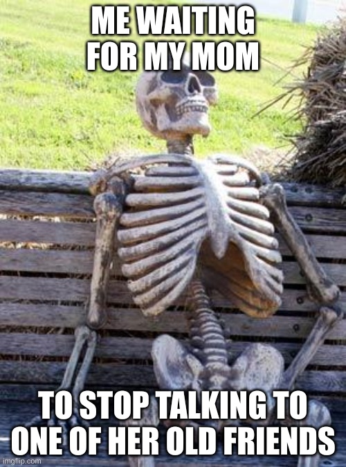 Waiting Skeleton Meme | ME WAITING FOR MY MOM; TO STOP TALKING TO ONE OF HER OLD FRIENDS | image tagged in memes,waiting skeleton | made w/ Imgflip meme maker