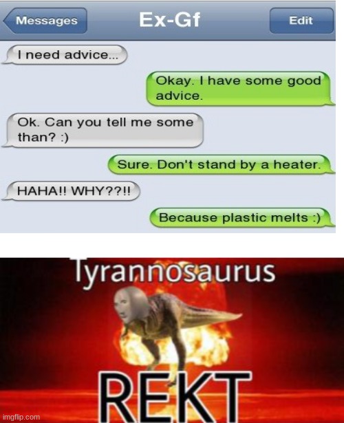 Funny Ex Text Conversation | image tagged in blank white template,tyrannosaurus rekt | made w/ Imgflip meme maker