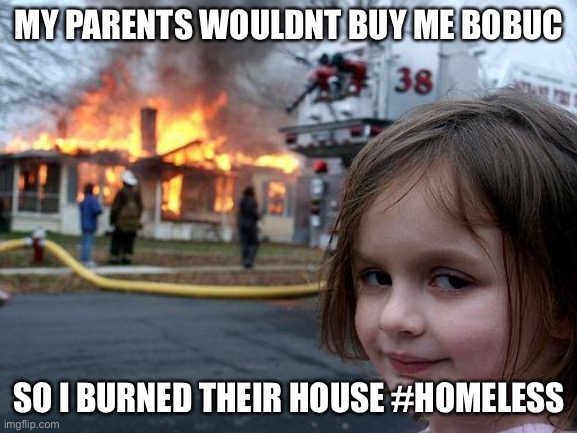 My parents didnt buy me bobuc | MY PARENTS WOULDNT BUY ME BOBUC; SO I BURNED THEIR HOUSE #HOMELESS | image tagged in memes,disaster girl | made w/ Imgflip meme maker