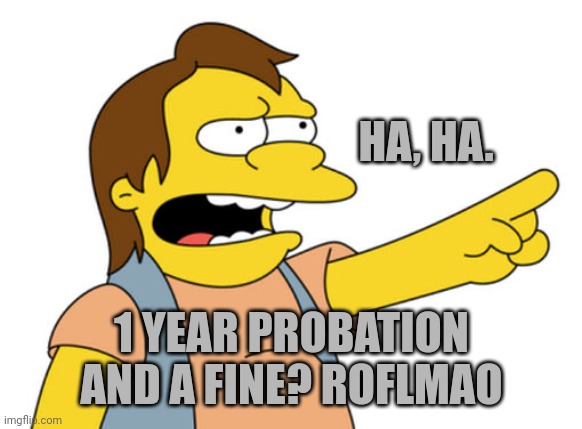 Nelson Muntz haha | HA, HA. 1 YEAR PROBATION AND A FINE? ROFLMAO | image tagged in nelson muntz haha | made w/ Imgflip meme maker