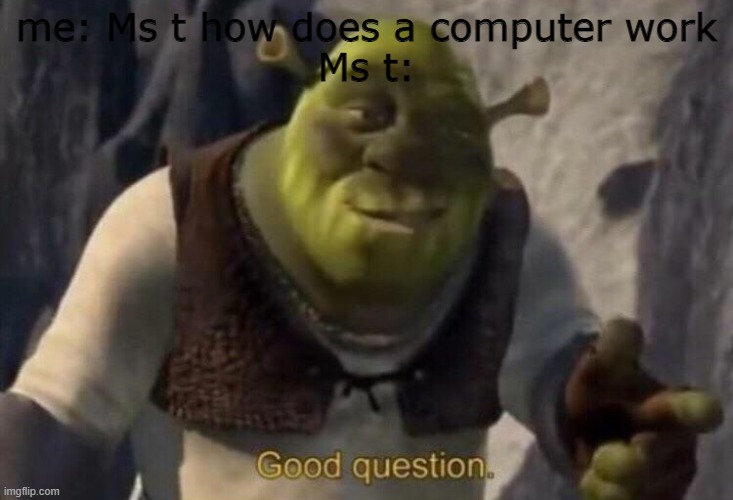 3gr be like | me: Ms t how does a computer work
Ms t: | image tagged in shrek good question | made w/ Imgflip meme maker