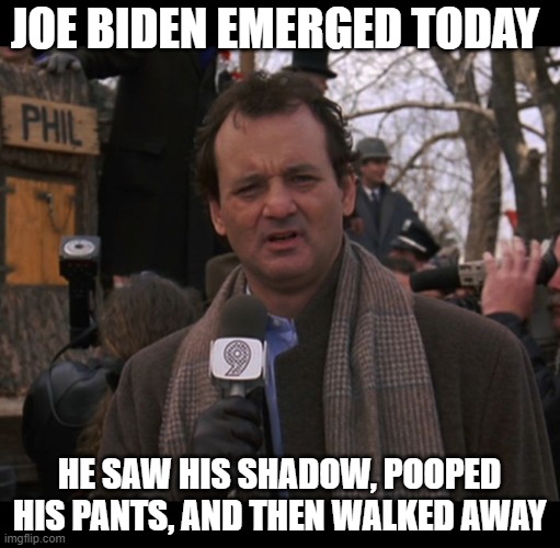 Bill Murray Groundhog Day | JOE BIDEN EMERGED TODAY; HE SAW HIS SHADOW, POOPED HIS PANTS, AND THEN WALKED AWAY | image tagged in bill murray groundhog day | made w/ Imgflip meme maker