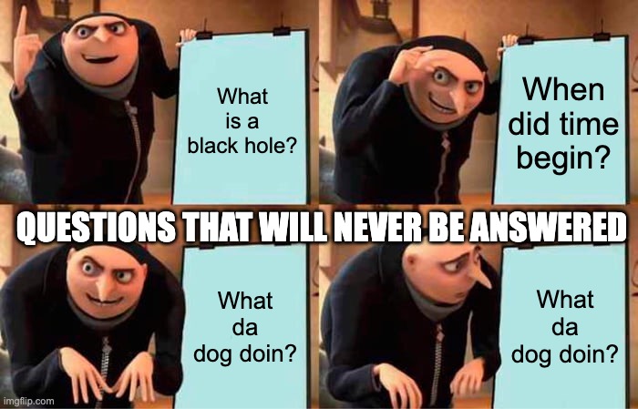 Gru's Plan | What is a black hole? When did time begin? QUESTIONS THAT WILL NEVER BE ANSWERED; What da dog doin? What da dog doin? | image tagged in memes,gru's plan | made w/ Imgflip meme maker